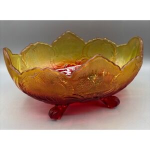 Vtg Jeanette Amberina Bowl Footed Oval Saw Tooth Serving Flash Painted decor